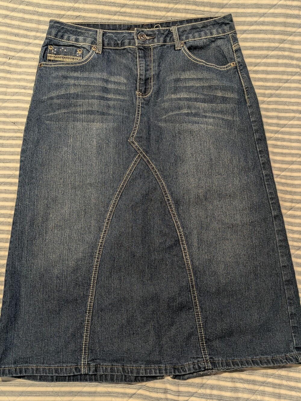 Baccini Y2K 90s Embellished Denim Midi Skirt sz 10 Western Boho Streetwear